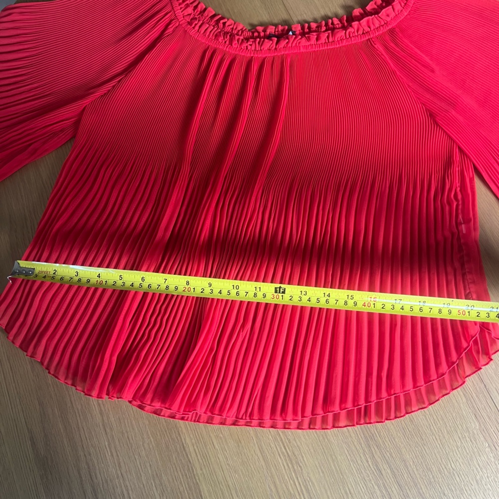 Zara Red Top Sheer Flowy Blouse Flirty Long Sleeve Pleated Off the Shoulder - Picture 5 of 6